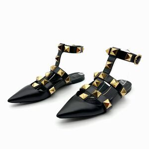 VALENTINO Roman Rockstud Black Gold Cage Flat 38.5 Pointed Toe Leather Gladiator